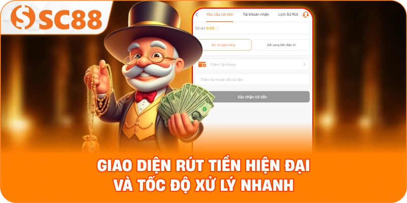 giao diện rút tiền hiện đại với các biểu tượng ngân hàng và tốc độ xử lý nhanh