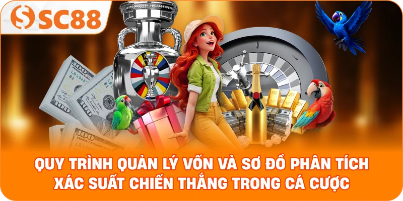 Đồ họa minh họa quy trình quản lý vốn và sơ đồ phân tích xác suất chiến thắng trong cá cược
